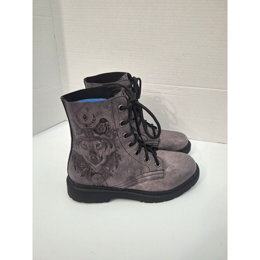 Yes We Vibe Wolf Vegan Leather Combat Boots Men's Sz 7 Women's 8.5 Boho Grunge